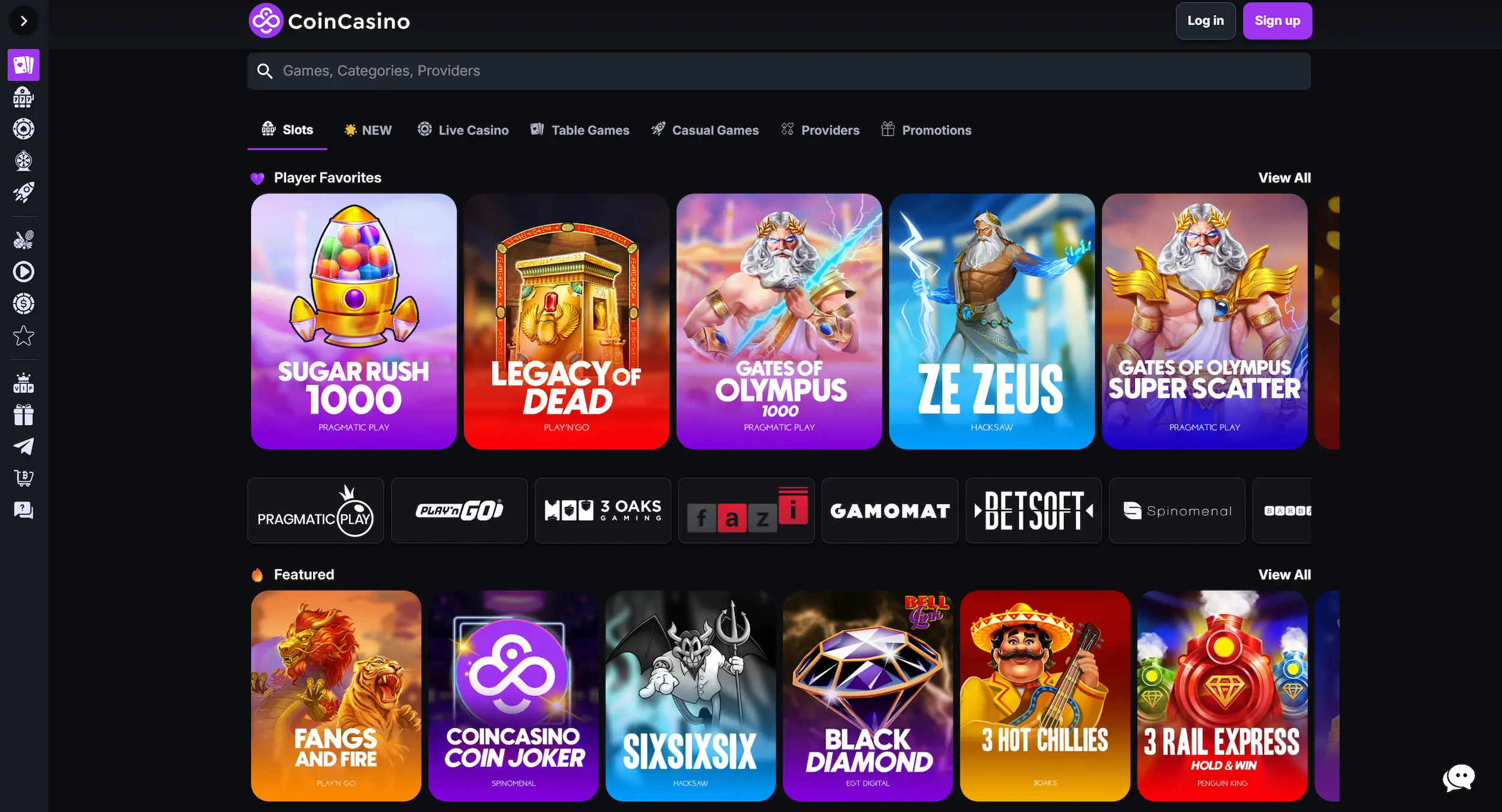 CoinCasino frontpage showing selection of online pokies, software providers and site main navigation